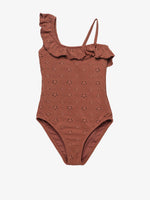 בגד ים לילדות שלם אסימטרי פרחוני חום